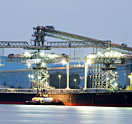 A photo of the EGT grain terminal in Longview, Washington at dusk.